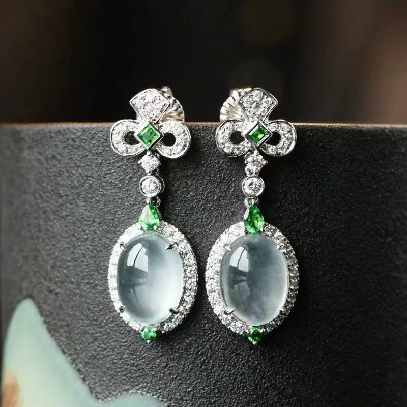 Earring Drops for Women Natural Chalcedony Ice Seed Egg Face with Diamonds Palace Style