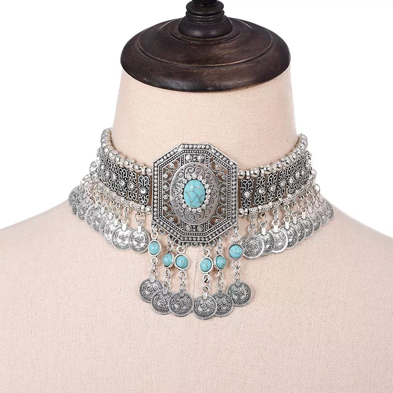 Necklace for Women Choker Ethnic Statement Collar Bohemian Vintage Hollow Geometric Crystal Rhinestone Beads Coin Tassel Jewelry