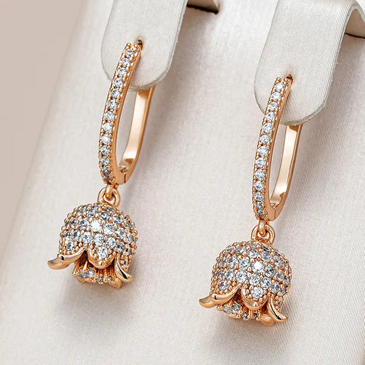 Earring for Women Shiny Natural Zircon Long Drop 585 Rose Gold Color Crystal Flower Daily Use Ethnic Vintage Jewelry