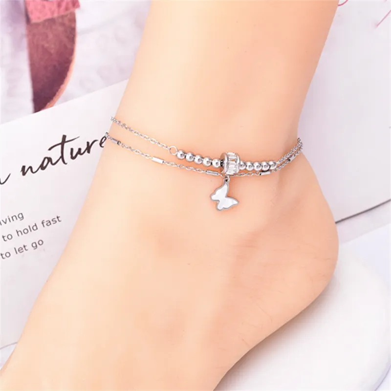 Anklet For Women 316L Stainless Steel New Fashion 2 Layer Beading Zircon Butterfly Love Heart Shape Charm Chain