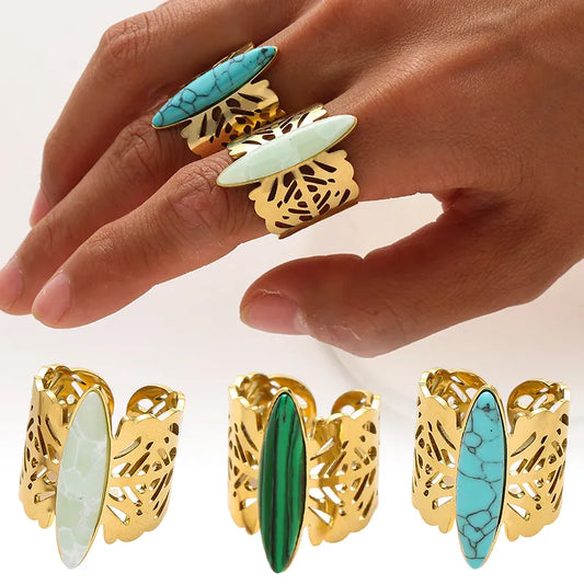 Rings for Women Wide Open Adjustable Stainless Steel Gold Plated Vintage Butterfly Pattern Turquoise Stone Jewelry Gifts