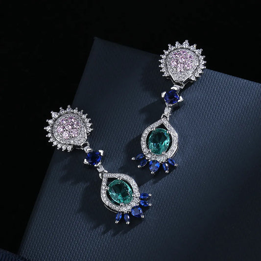 Earrings 925 silver natural opal inlaid with real diamonds and black gold plated