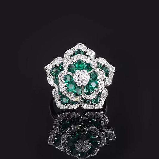 Rings For Women Resizable Luxury Vintage Exquisite Silver Flower Lab Emerald Ruby Gemstone Open Ring Wedding Bridal Jewelry