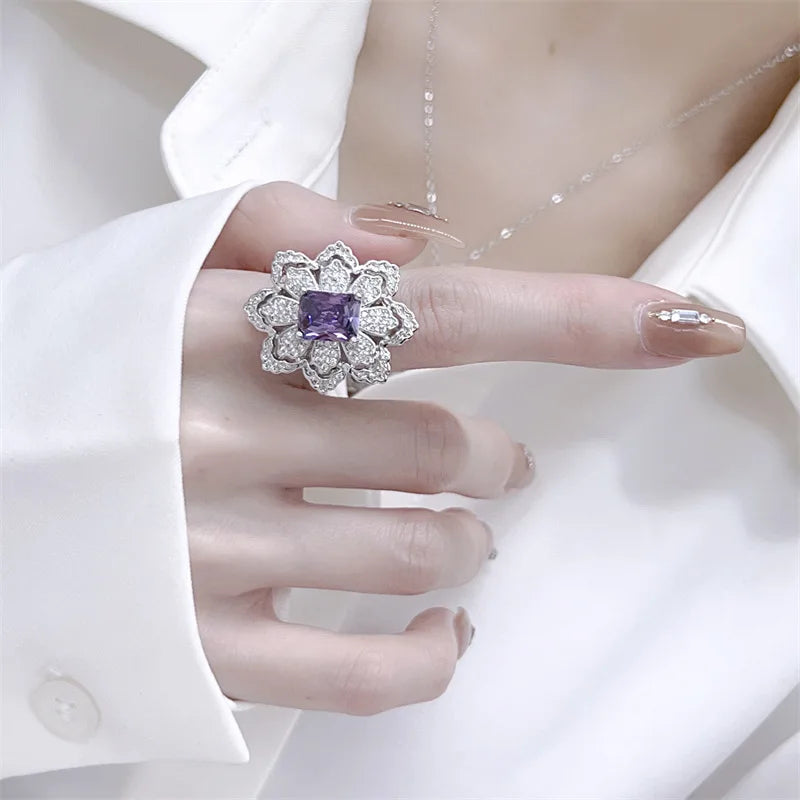 Necklace Set S925 Silver Temperament Flower Shape Violet Zircon Pendant Necklace Earrings Ring Jewelry