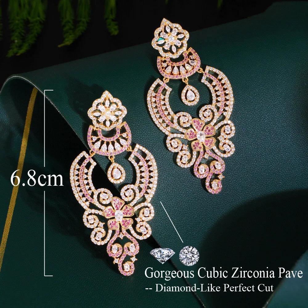 Earrings for Women Luxury Statement Pink Red Cubic Zircon Long Big  Vintage Ethnic Wedding Bridal Party Jewelry