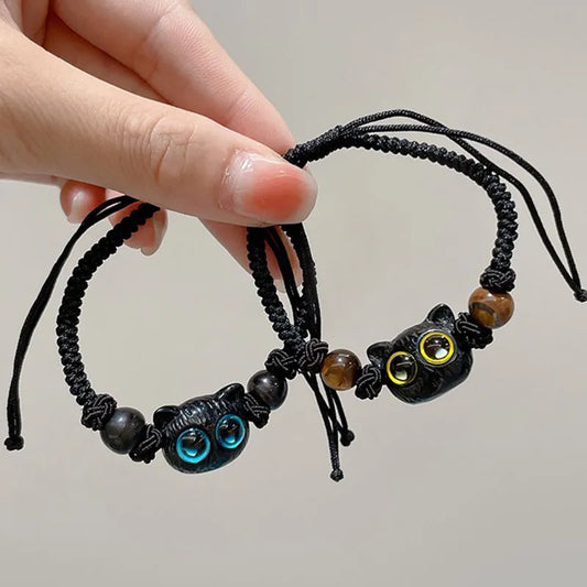 Bracelet Adjustable for Girls Cute Black Cat Rope Braided Couple Bracelet Handmade Trendy Jewelry