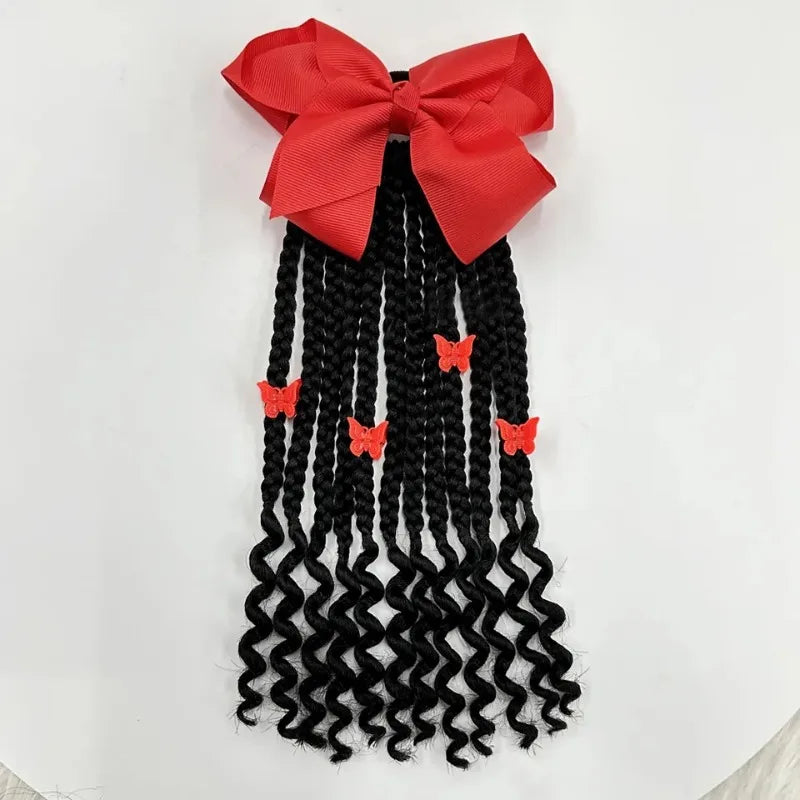 Kids Braided Ponytail with Beads and Bow with Curly End for Black Girl Hair Accessories