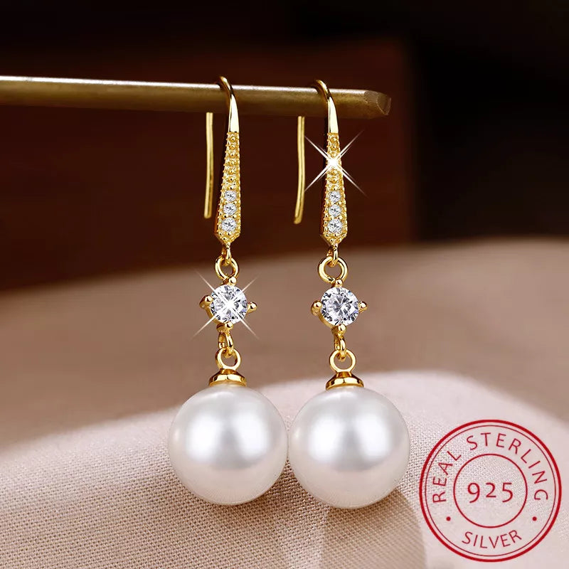 Earrings Women New Fashion 925 Sterling Silver Gold Freshwater Pearl Pendant Bridal Wedding Jewelry