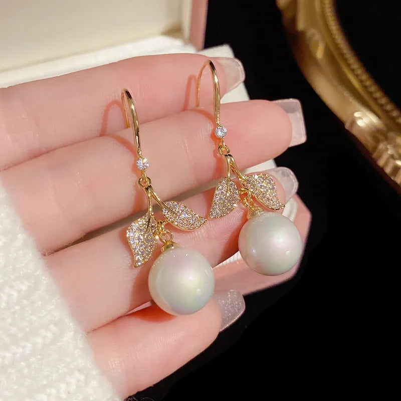 Earrings for Women Fashion Unique Design Full Zircon Leaf Pearl Wedding Party Anniversary Gift Jewelry