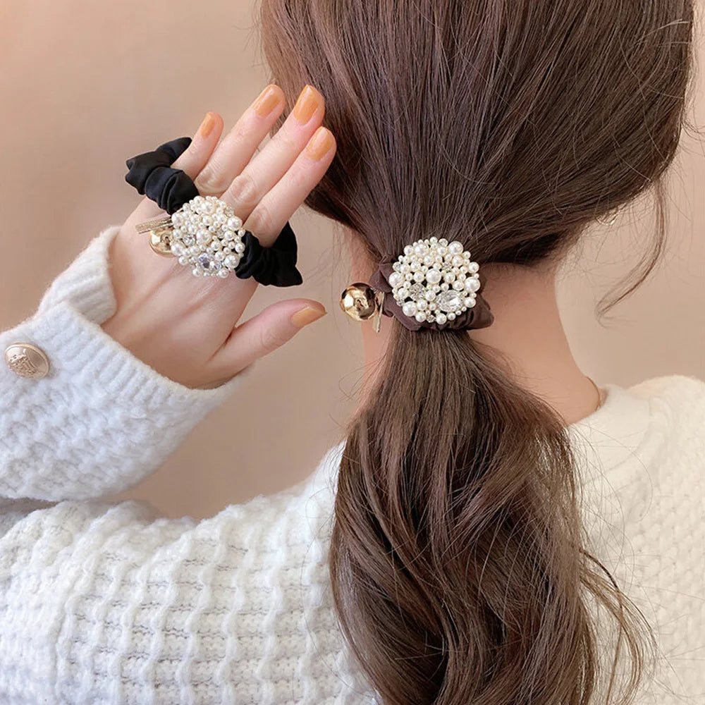 Hair Bands For Women Girls Elegant Style Crystal Pearl High Elastic Ponytail Holders Hair Accessories