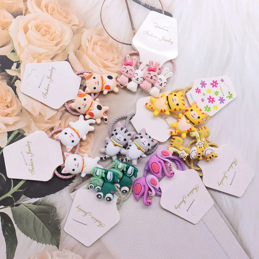 Hair Bands Girls 2Pcs New Cute Cartoon Animals Cat Small Rabbit Rubber Scrunchie Hair Accessories