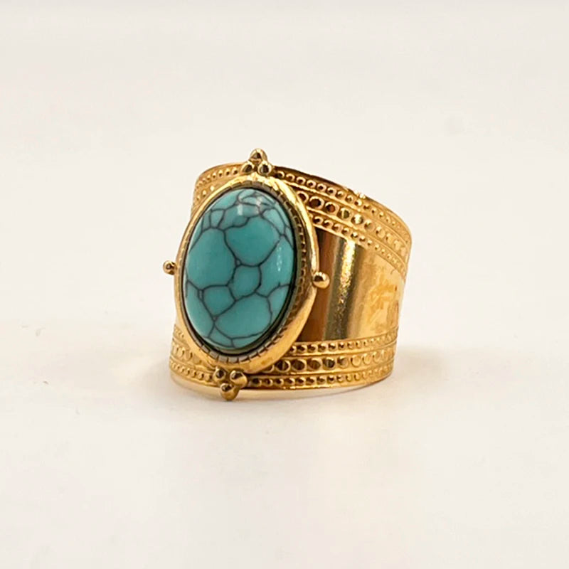 Rings for Women Luxury Turquoise Natural Stone Open 14K Gold Plated Stainless Steel Female Jewelry Party Gifts