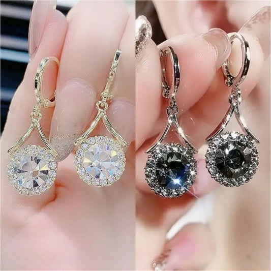 Earrings for Women Fashion Grey Round Crystal Zircon Dangle Elegant Wedding Party Gift Jewelry