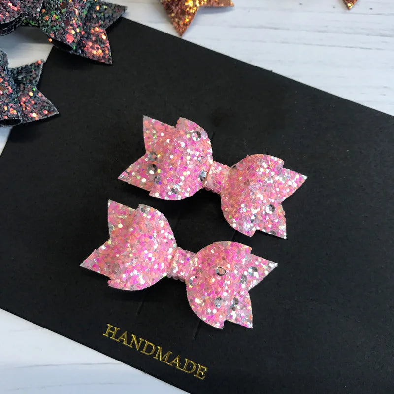 Hair Bows Clips 2pcs Handmade Mini Sequins Shiny Glittery