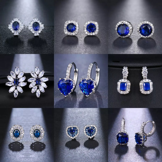 Earrings For Women Luxury Blue Crystal Cubic Zircon Stud Dangle Bridal Wedding Silver Plated Party Jewelry