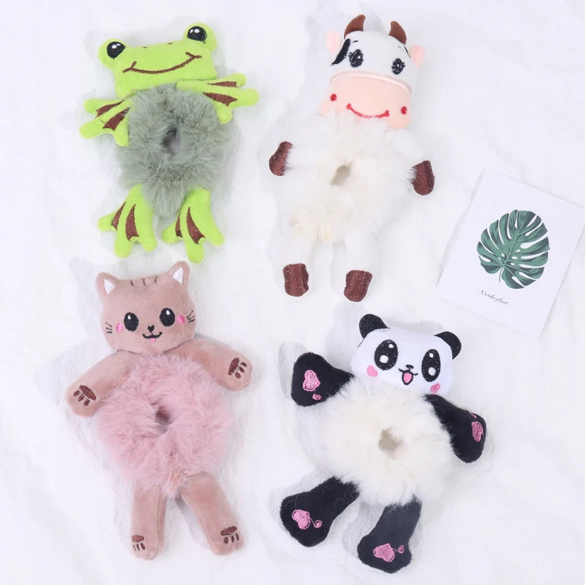 Hair Bands Girls 1PC Cute Cartoon Hair Scrunchies Panda Cows Cat Rabbit Plush Elastic Sweet Ponytail Hair Ring