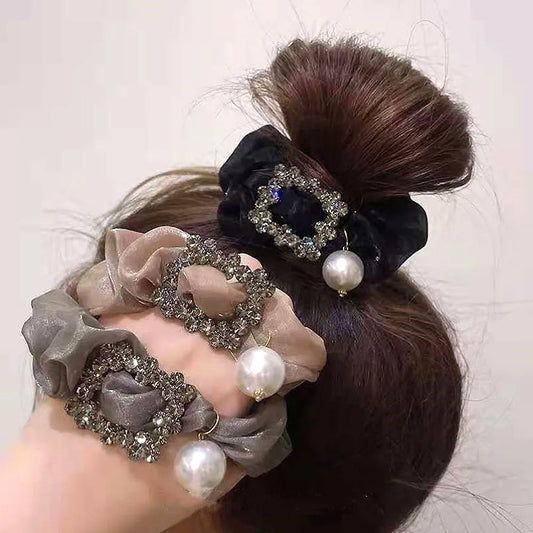 Hair Ties For Women Girls Elegant Organza Large Elastic Glitter Rhinestone Pearl  Ponytail Holder