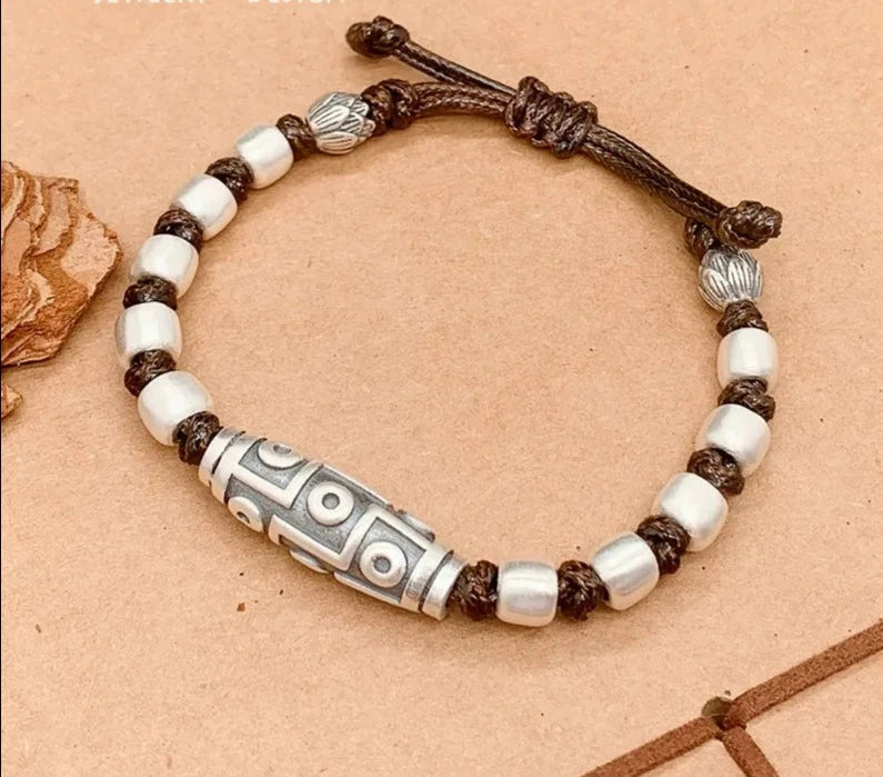 Bracelet Men and Women Retro Trend S999 Sterling Silver Hand-woven Tibetan Beads Six-Character Mantra  Luxurious Jewelry Gift