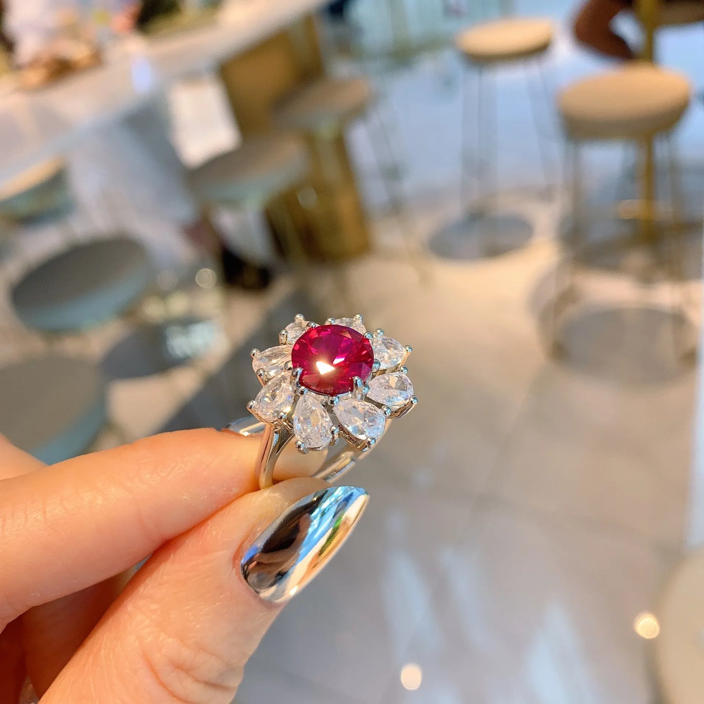 Ring Women Adjustable Crystal Pink Red Water Droplets Flower