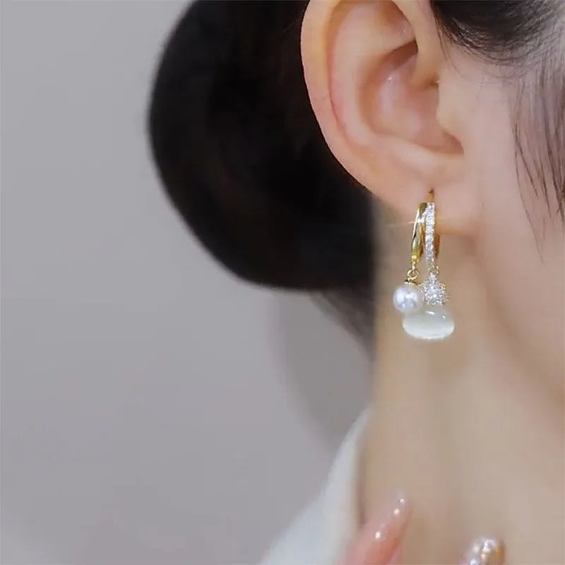 Earrings for Women Elegant Delicate Micro Paved Zircon Opal Pearl Pendant Gold Color Unique Design Jewelry Gifts