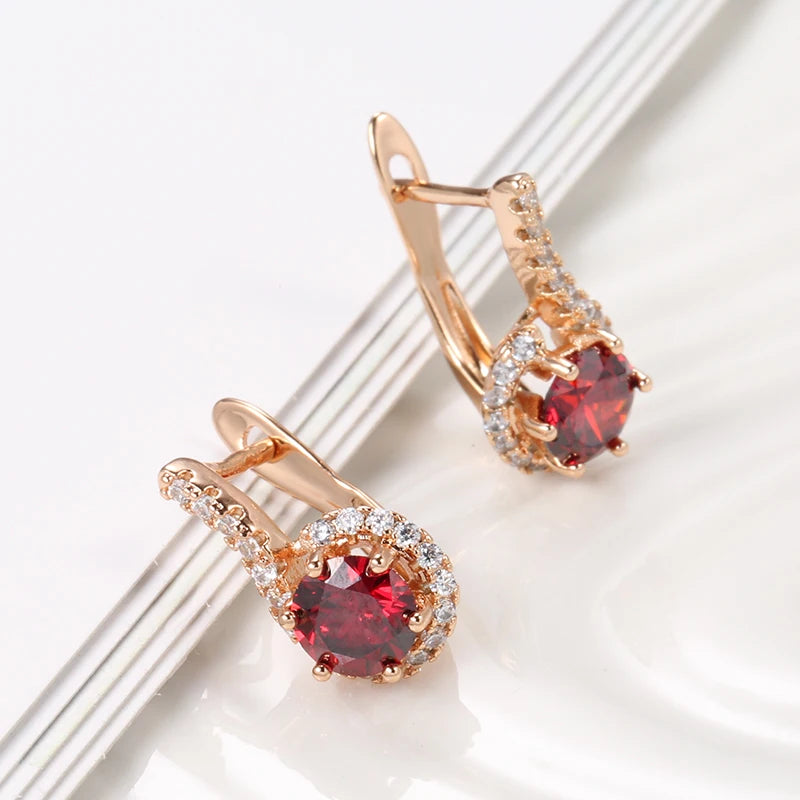 Earrings for Women Trendy Studs 585 Rose Gold Color English  Round Red Natural Zircon Accessories Bride Wedding Jewelry Gift