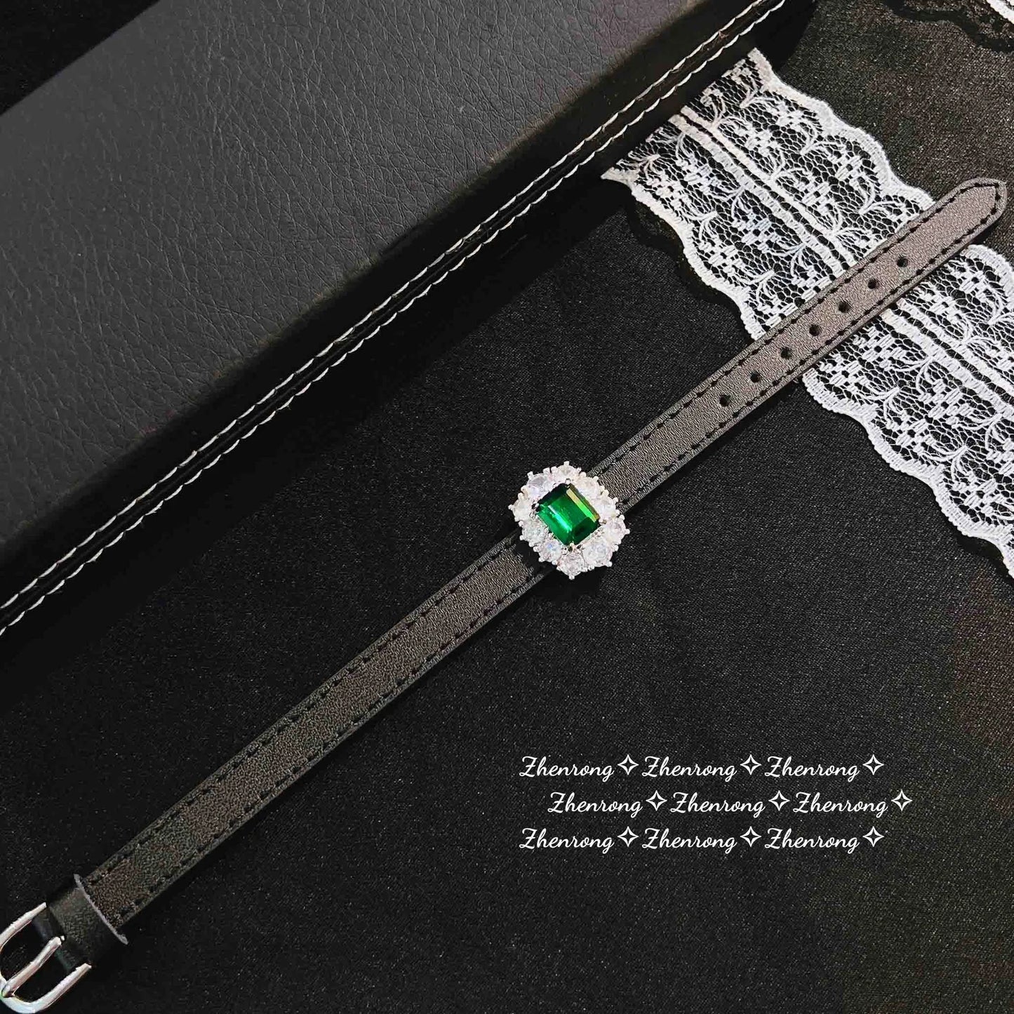 Bracelets For Women Luxury Simulation Emerald Wristband Two-wear Belt Watch Leather Rope Adjustable