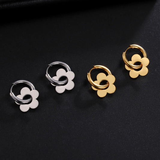 Earrings For Women Stainless Steel Five Petal Flower Pendant Gold Color Hoop Earrings Minimalist Fashion Jewelry