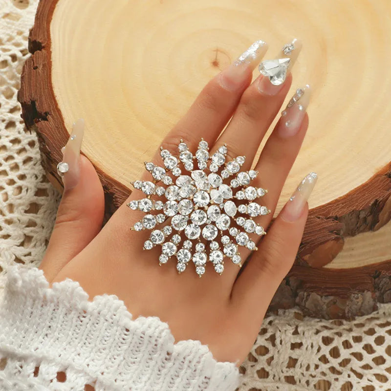 Rings for Women Fashion Adjustable Crystal Flower Gold Color Chunky Big Red Stone Finger Ring Wedding Party Jewelry