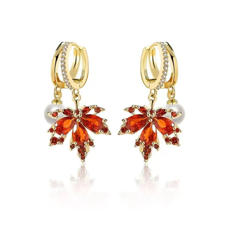 Earrings for Women Crystal Temperament Rhinestone Zircon French Vintage Red Maple Leaf  Tassel Earrings Party Jewelry Gift