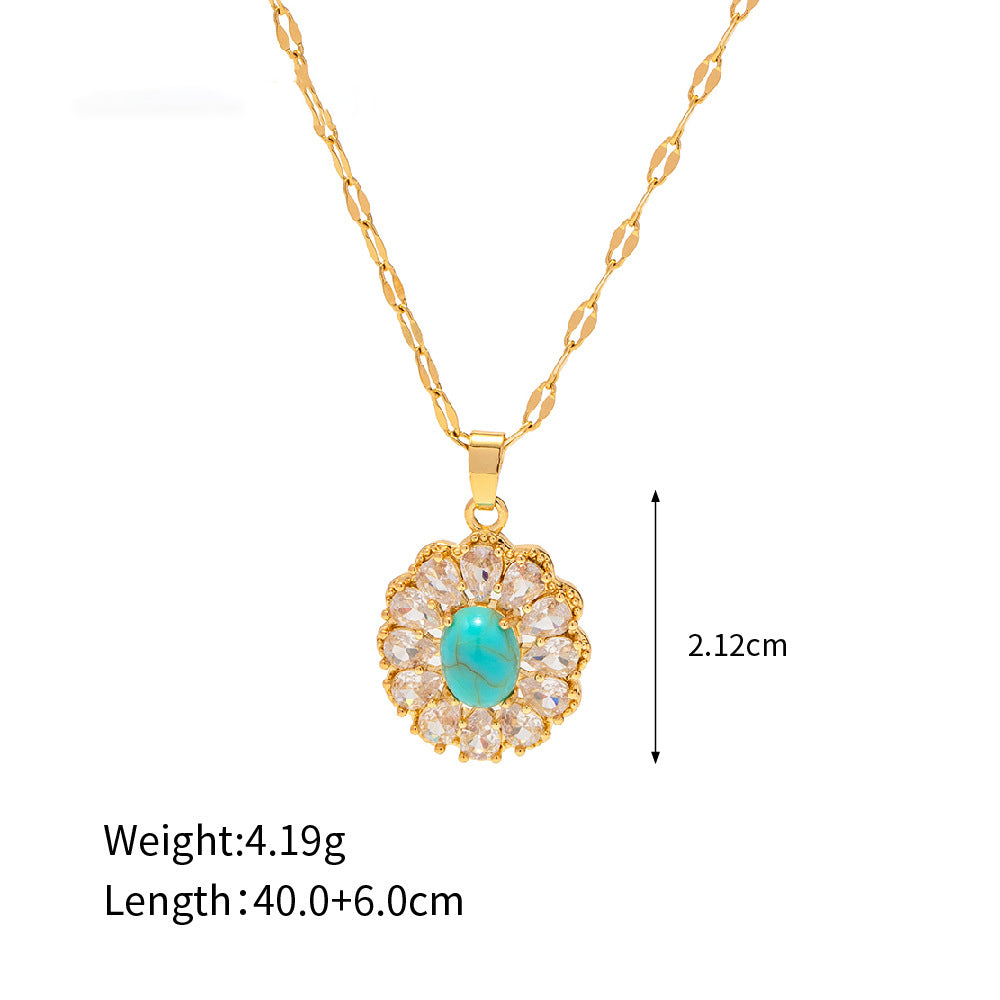 Necklace 18K Gold Exquisite Dazzling Inlaid White Zircon Songhua Stone Disc Design Pendant