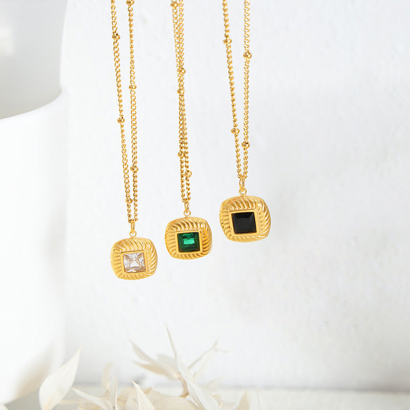 Earrings Necklace Set 18K Gold Fashionable Retro Square Inlaid Gem Design Court Style