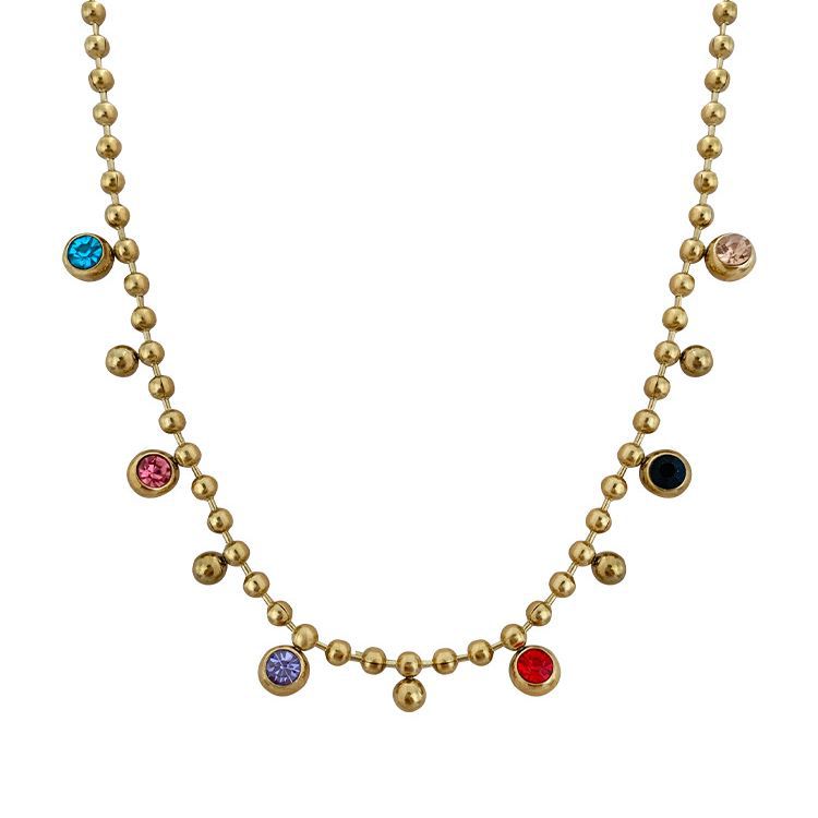 Necklace 18k Gold bead chain with round beads inlaid with gemstone