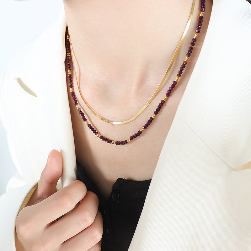 Necklace18k gold exquisite noble gemstones and blade chain double layer stacking design