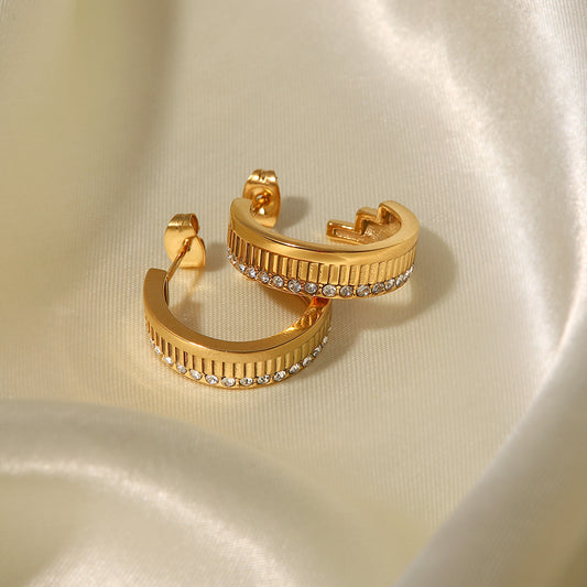 Earrings 18K Gold Plated White Diamond Open Stripe