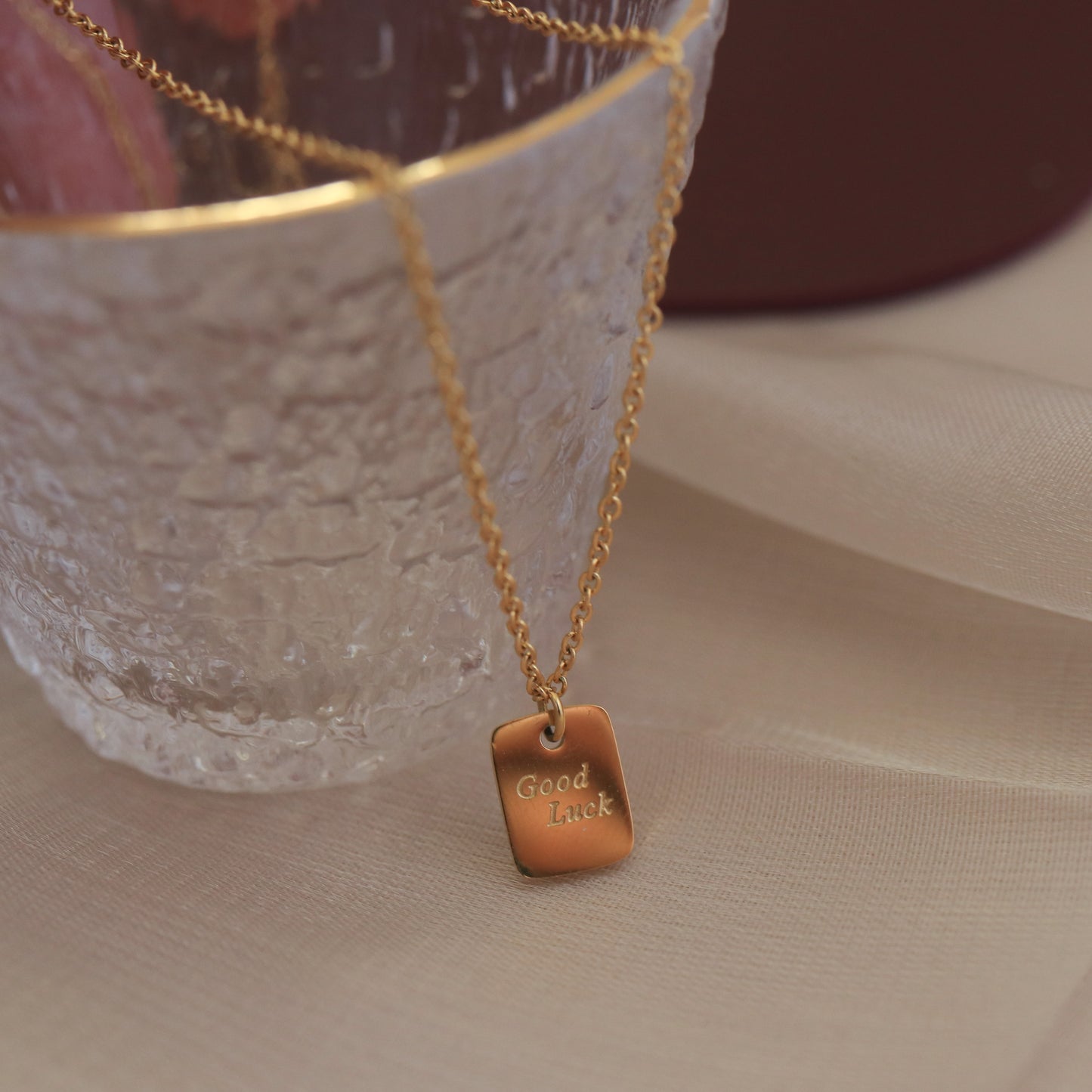 Necklace 18K Gold Fashionable Versatile and simple square card with "GOOD LUCK" design