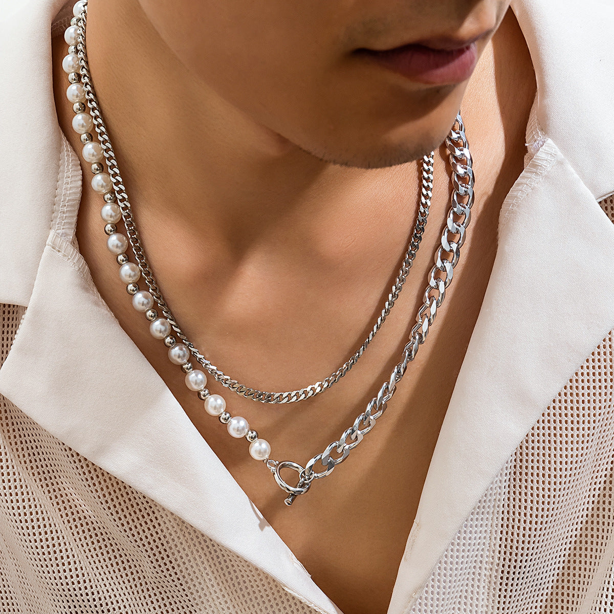 Necklace Classic Fashion Splicing Pearl Double Layer Design Hip-Hop Style