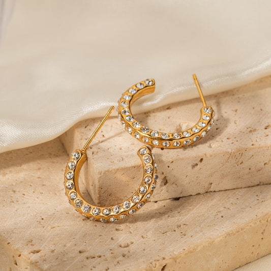 Earrings 18K Gold  Versatile and Elegant Inlaid Geometric Cubic Zirconia C-shaped Design