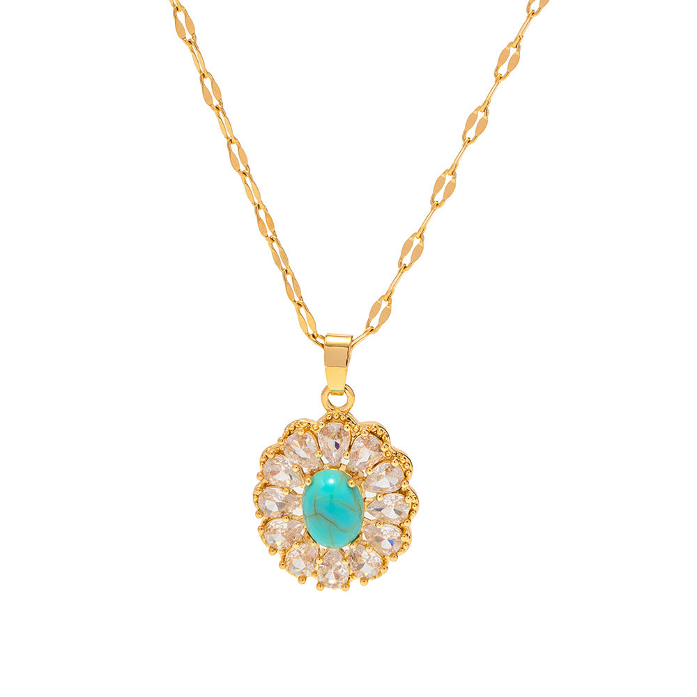 Necklace 18K Gold Exquisite Dazzling Inlaid White Zircon Songhua Stone Disc Design Pendant