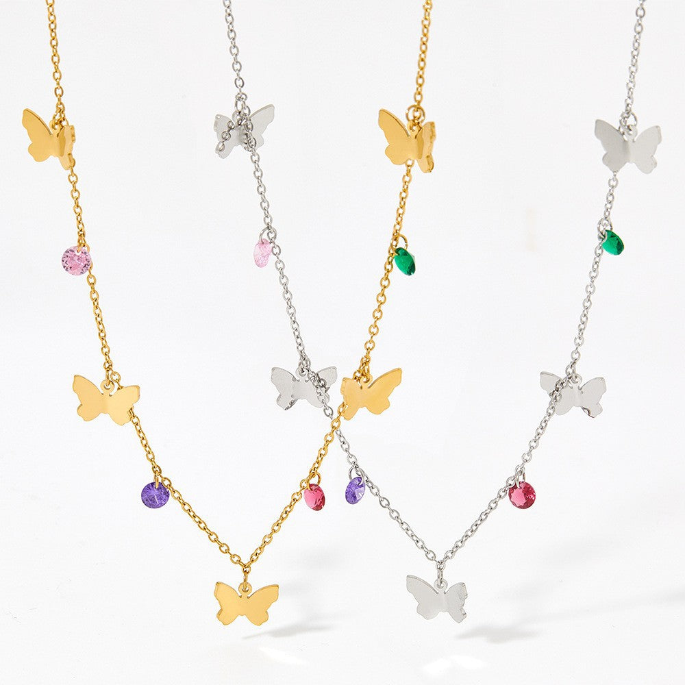 Necklace 18K Gold Exquisite Butterfly and Gemstone with Frosty Design