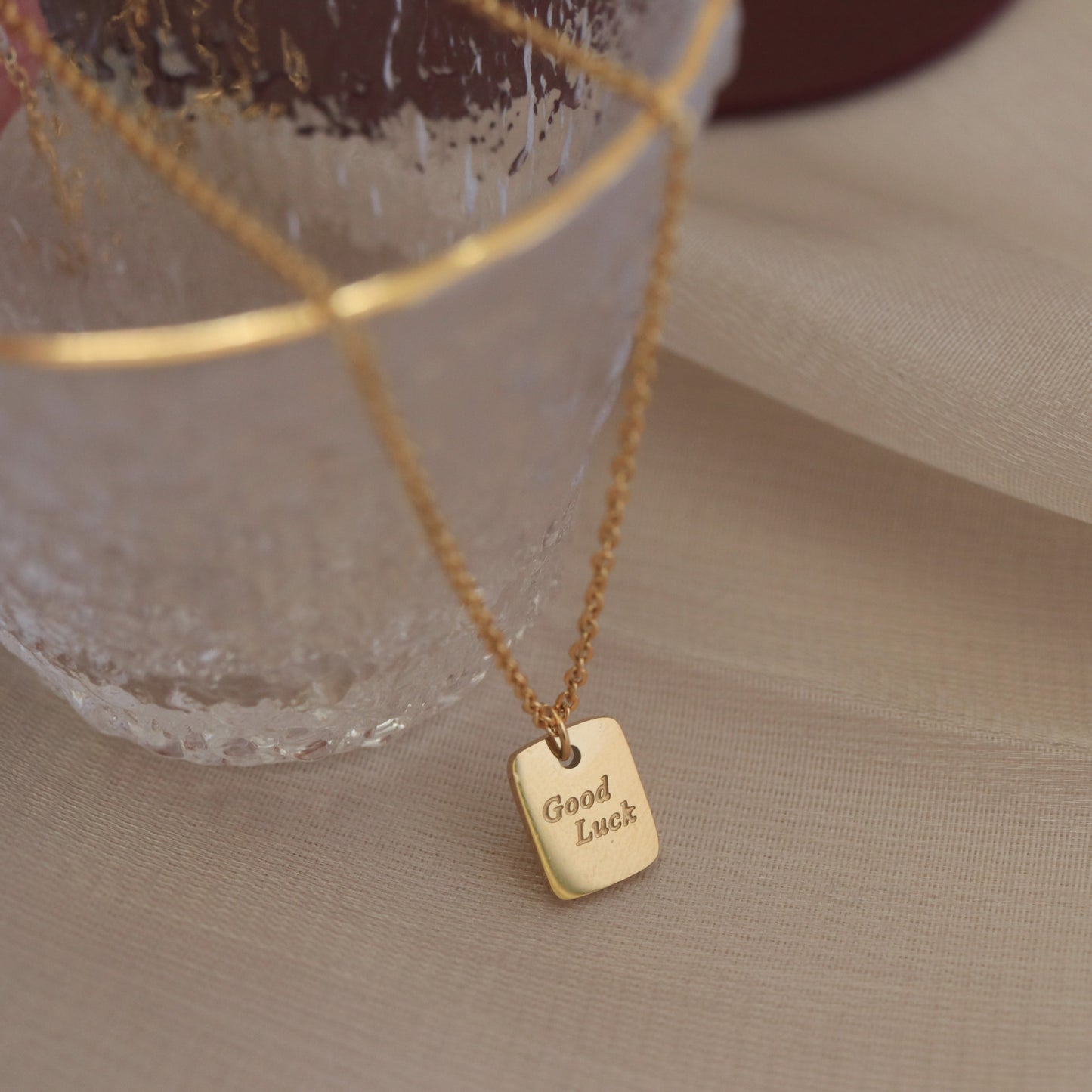 Necklace 18K Gold Fashionable Versatile and simple square card with "GOOD LUCK" design