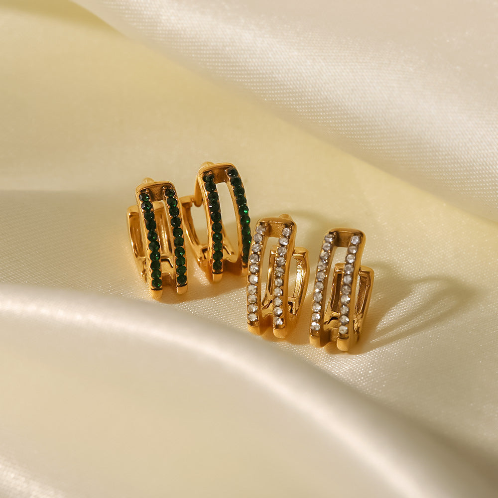 Earrings 18K Gold Plated Double Circle Green/White Fine Diamond