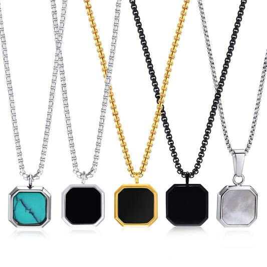 Necklace Stainless Steel Epoxy Black Square Pendant Men/Boys Fashion Jewelry